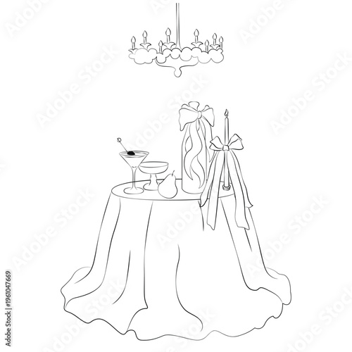Hand-drawn wedding decor elements, champagne tower and round banquet table, candle, bow, champagne bottle, cocktail, wedding card