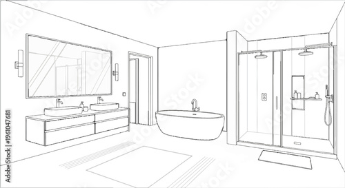 Modern bathroom with dual sinks, tub, and glass-enclosed shower