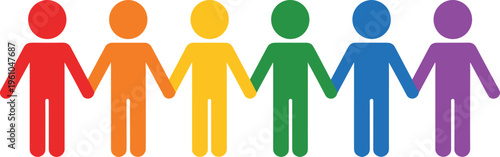 Vector illustration of rainbow-colored figures holding hands, ideal for diversity and inclusivity-themed designs.