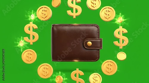 A closed, dark brown leather bi-fold wallet floats mid-air against a vibrant green backdrop