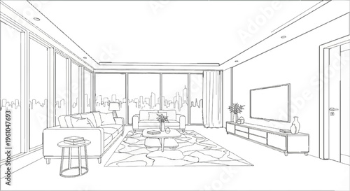 Modern living room with city view, sketch-style rendering, minimalist