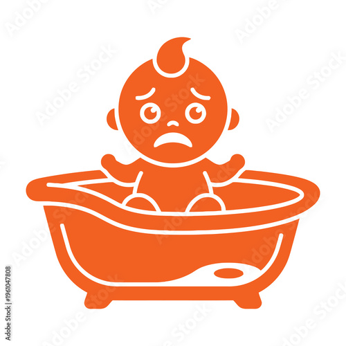 Angry baby sitting in an orange bathtub with white outline on a white background