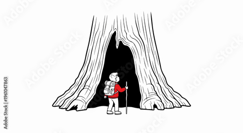 Person with backpack stands before a large tree hollow