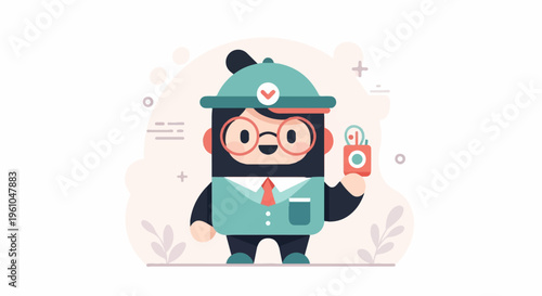Quirky, stylized character in a hat, glasses, and vest