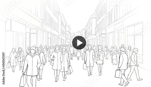 Outline sketch of a crowded pedestrian street with buildings and shoppers