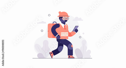 Stylized character with satchel runs holding smartphone, minimalist background