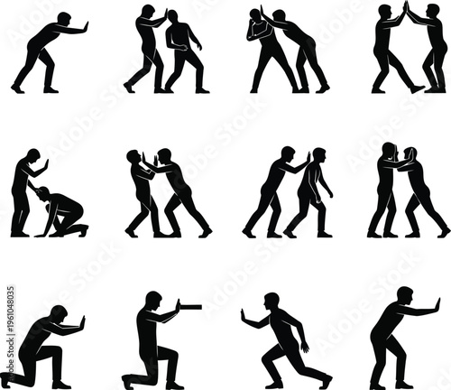 Silhouette illustrations of various human fighting and combat poses