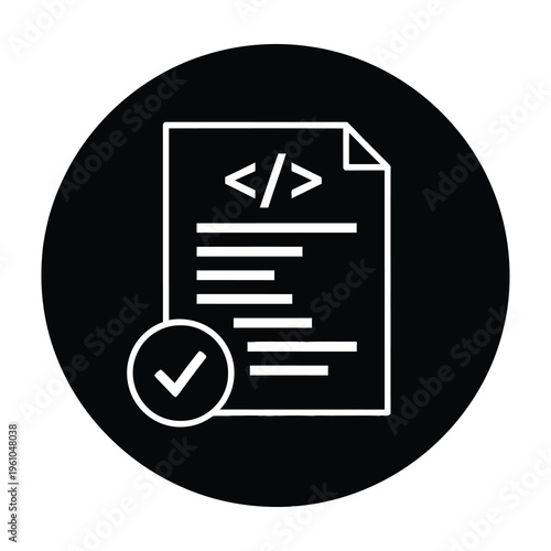 Code document validation icon with checkmark in black circle on white background
