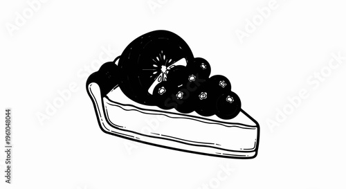 Slice of pie with blueberries and citrus fruit topping, black and white sketch