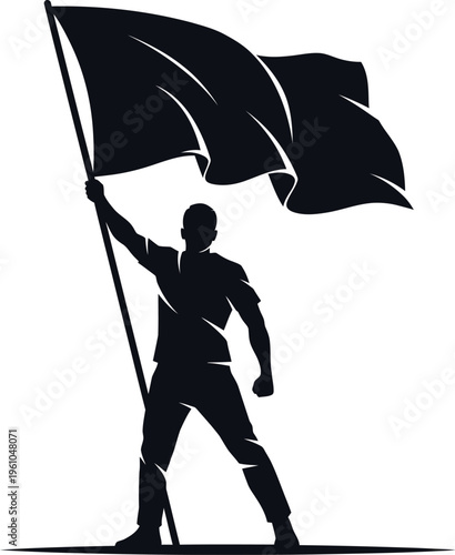 Silhouette of a man waving a flag in a powerful stance