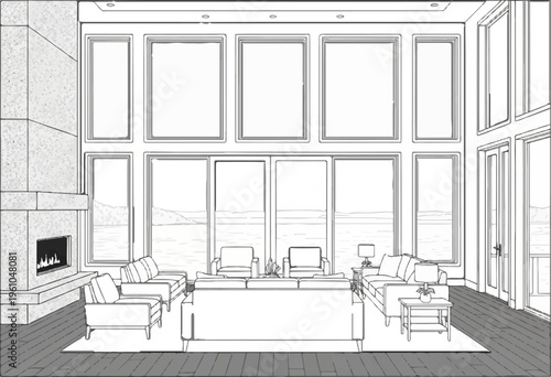 Spacious living room with large windows, fireplace, and comfortable seating