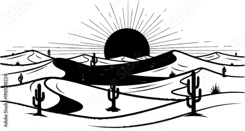 Stylized desert landscape with cacti, dunes, and a sunburst at dusk