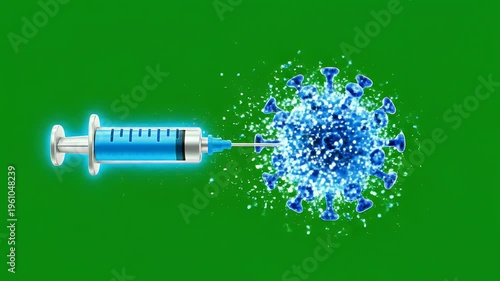 A syringe injects a glowing blue virus on a green background with a burst effect