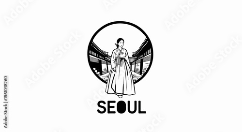 Stylized illustration of a Korean woman in traditional attire, with architectural elements