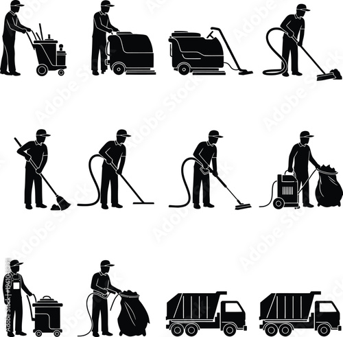 Silhouette illustrations of janitors cleaning with various equipment