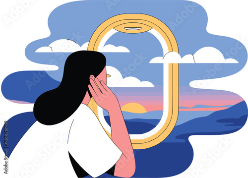 Vector illustration of a person looking out the window at a sunset, ideal for reflective and emotional design themes.