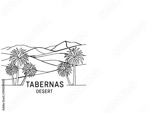 Stylized sketch of a desert landscape with palm trees and distant hills