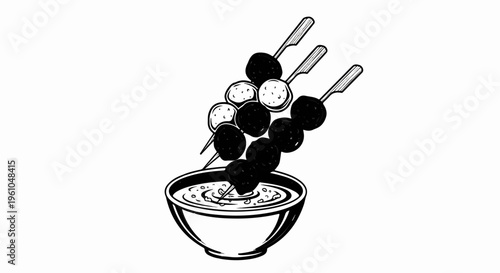 Three skewers of meatballs dipping into a bowl of sauce