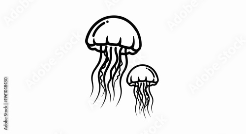 Two black outlined jellyfish float gracefully in the white void