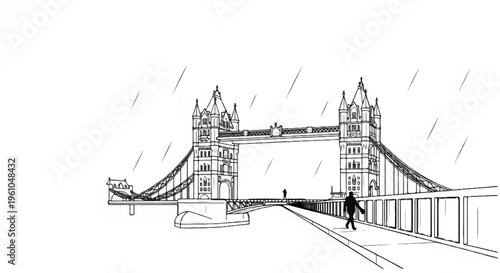 Sketch of a famous bridge in London on a rainy day with few pedestrians