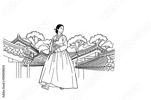 Woman in traditional attire poses against tiled rooftops and trees