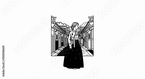 Woman in traditional garment walks down a narrow alleyway with buildings