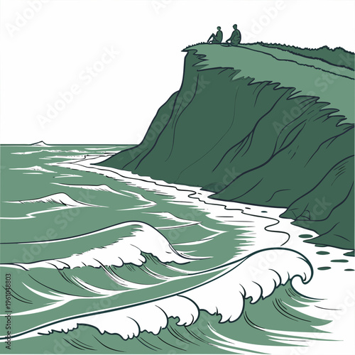 Cliffside with people sitting on and big waves grass