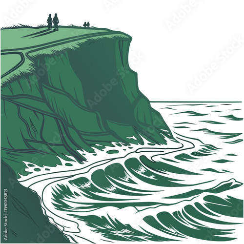 Cliffside with people sitting on and waves crashing