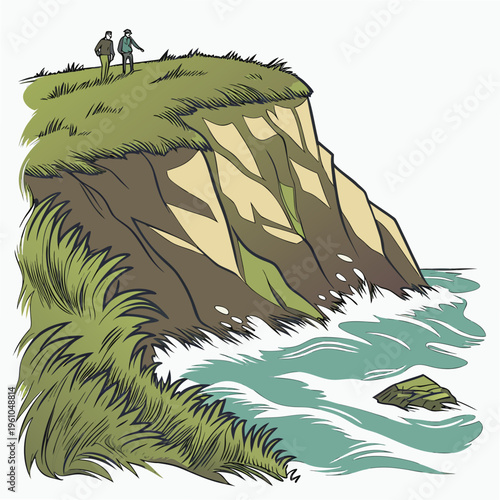 Cliffside with people standing on and waves crashing