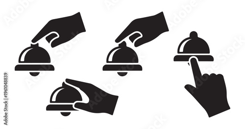 US Service bell interaction icons with hand pressing call button for reception desk support and hospitality.