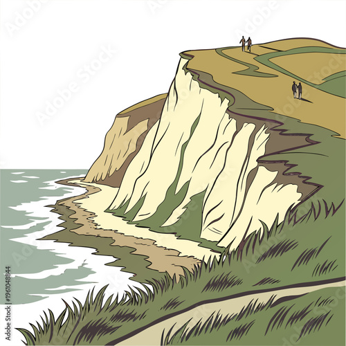 Cliffside with people walking on grass hills water