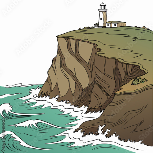 Lighthouse on a cliff overlooking ocean waves rocky shore