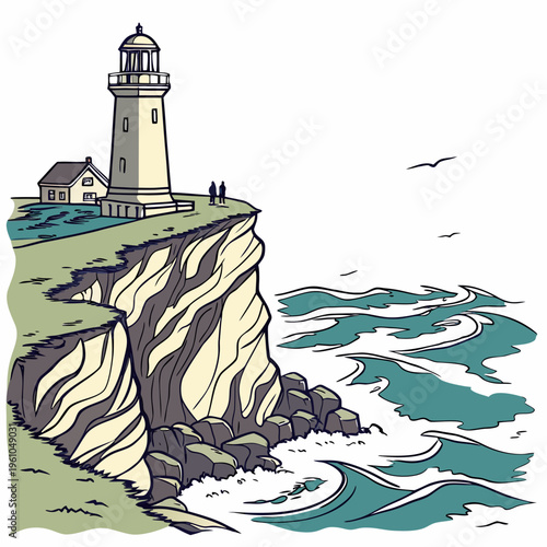 Lighthouse on a cliff ocean waves