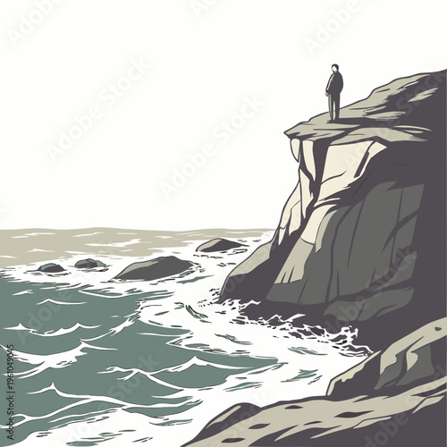 Man on Cliff Edge ocean waves rocky cliff