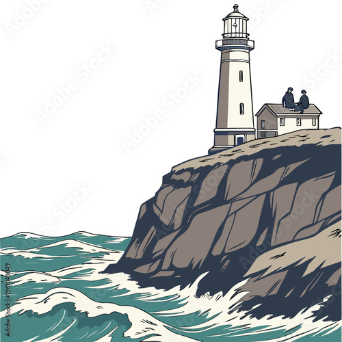 Lighthouse on a rocky cliff ocean waves