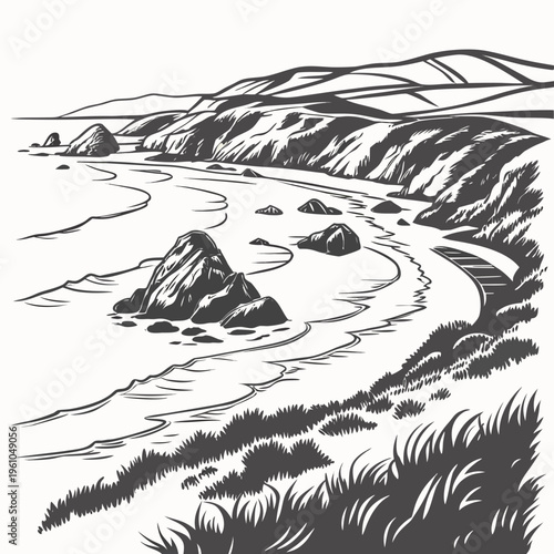 Coastal landscape with rocks ocean waves coastline