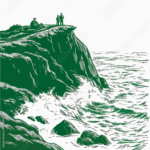 Green cliffside with people on ocean waves