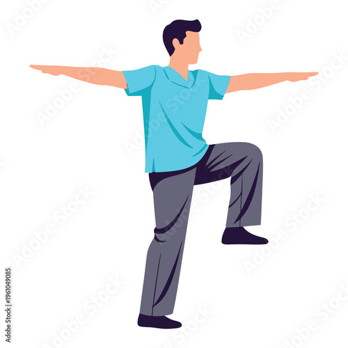 Illustrated person balancing on one leg with outstretched arms.