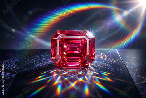 Radiant Jewel in the Spotlight: A stunning, meticulously crafted ruby, emitting a brilliant spectrum of light, its radiant facets reflecting pure luxury and opulence.