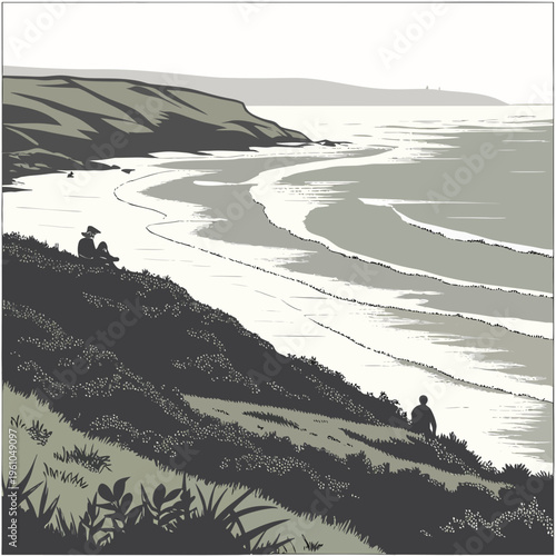 People on Hill Overlooking Bay ocean waves