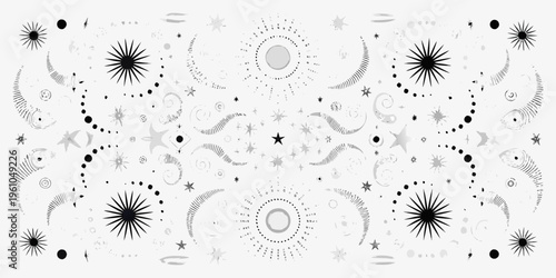 Abstract black and white celestial pattern with stars and lunar shapes