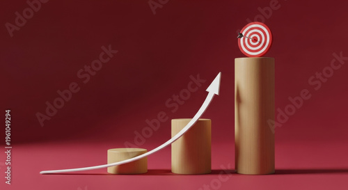 Business strategy achievement goal setting progress up to top with bar charts and arrow reaching target Successful concept with 3D rendering