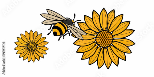 A bee flies towards a vibrant yellow sunflower in a simple illustration
