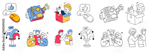 april fools day elements featuring jester hat and computer mouse prank box