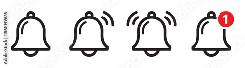 US Outline notification bell icons with alert badge, sound waves, and different states.
