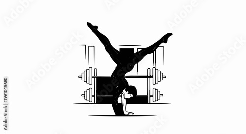 Stylized silhouette of a person performing a handstand with weights