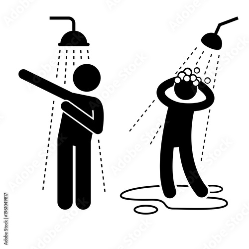 Showering Man and Woman Silhouette Icon Set
