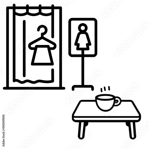 Fitting Room Icon with Clothing Hanger and Coffee Table