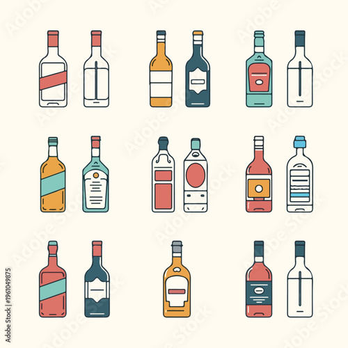 Set of Illustrated Alcoholic Beverage Bottles