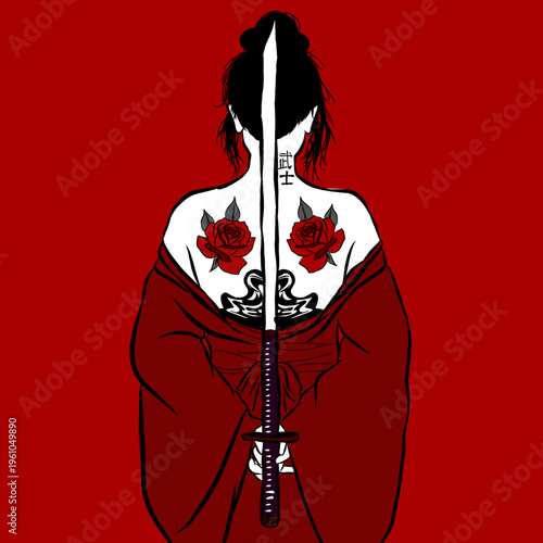 Samurai Woman with Sword and Back Tattoos